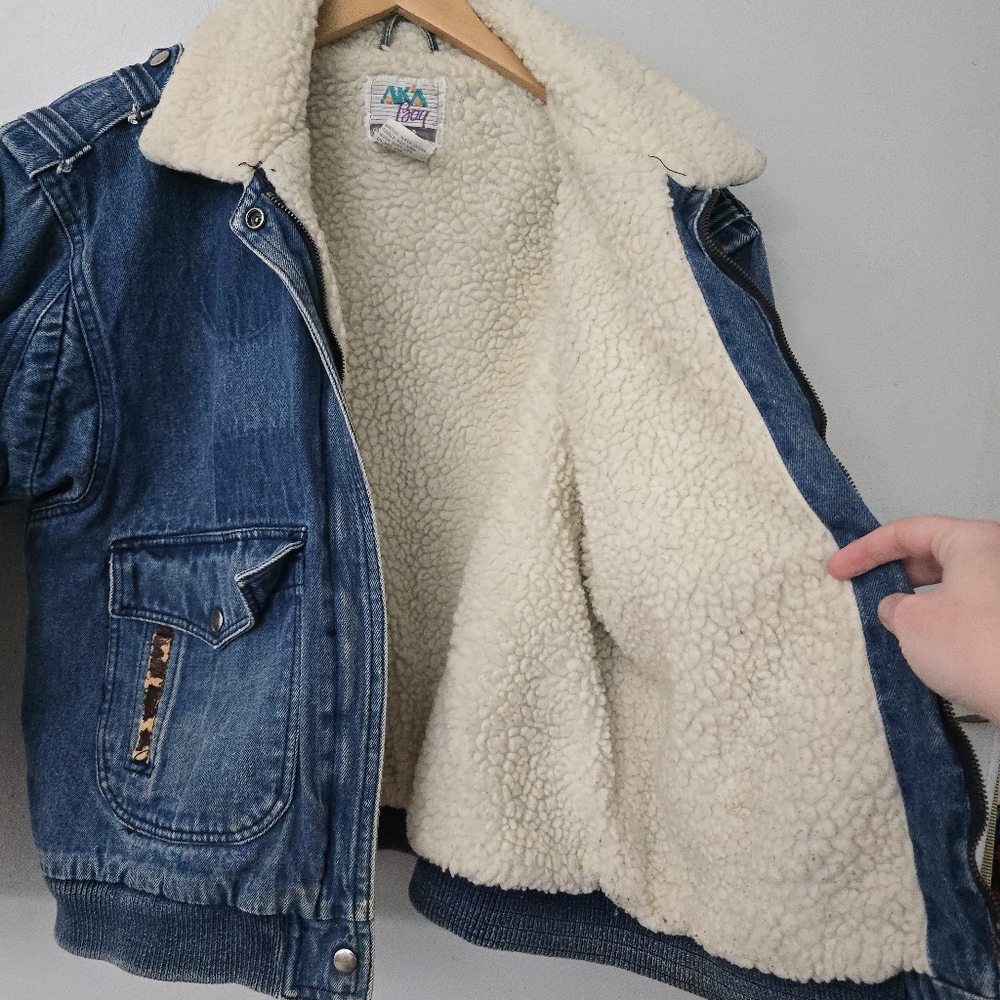 Vtg 90s AKA BAY Puffy Denim Sherpa Lined Mens L Bomber Trucker Jacket Y2K - Picture 3 of 16